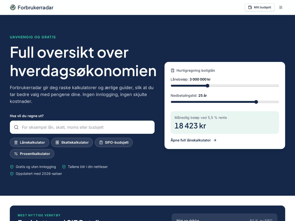 Skjermbilde av nettsiden til Forbrukerradar